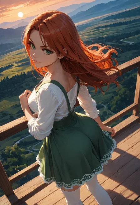 (score_9, score_8_up, score_7_up), zPDXL3, (drawn, wide hips:1.3),1girl, solo, medium breasts, redhead, 
green eyes, long hair, green dress, from above, sunset, dynamic lighting, sundress, sleeves, (white thighhighs, ass:1.2),
(outdoors, mountains, river:0.8),  (face focus, close-up:1.5),
looking at viewer,
(dutch angle, from side, leaning on railguard, standing, leaning onto object, from above, hands forward, wind, windy skirt:1.3), 
smug,