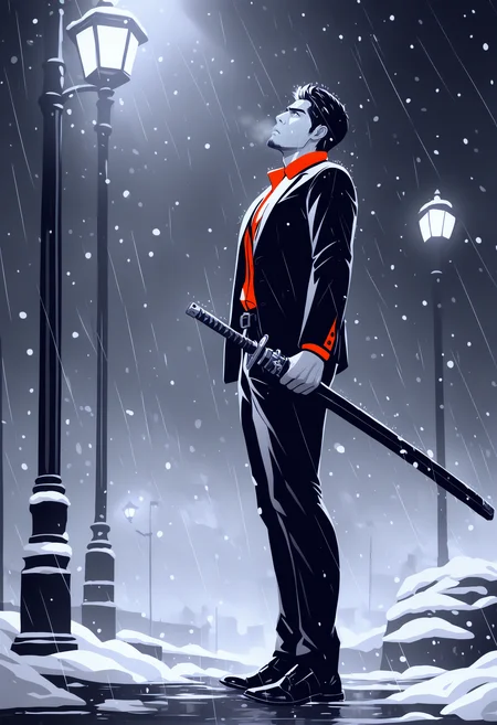masterpiece, best quality, newest, absurdres, highres, lamppost, snow, holding sword, snowing, night, standing, sheath, outdoors, sheathed, full body, monochrome, from side, holding weapon, looking ahead, rain, greyscale, <lora:KazumaKiryu-guy90-Illust-LoraV1:1> Kazryu, goatee, short hair, facial hair, red shirt, formal, collared shirt, suit, open clothes, pants, jacket, belt, looking up,
