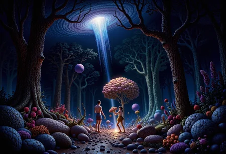 (in full view:1.2), (seen from a distance, wide angle:0.55), The style a combination of [Clyde Caldwell|Earl Norem|Christopher Balaskas], Under lighting, alien planet, alien plants, bioluminescent plants. Harmonious madness, synergy with chance, unique art style, mind bending art, magical surrealism. Digital painting in a realistic style representing strange visions of A forest, struck by a meteorite has been altered by radiation coming from the meteor. The forest, once a popular place for walks has transformed into something out of another dimension. The trees, plants and animals have all begun to transform into life forms alien to earth. NeuroWeave animals have been seen and reported to the authorities that can change form at will or part of its body can break off change into something else When. The wild flowers have become more colorful and have unusual patterns. A digital rendering, high-res, ultra detailed, photo manipulation, altered realities, low light <lora:Midjourney_Whisper_Chromaplex_Velvet_Myst_v01:0.3> <lora:aiai-Glimra-Flux-Dev-v2:0.3> <lora:flux.1_lora_flyway_Epic_gorgeous-detail_v2:0.35> <lora:Amazing_scenery_V2:0.35> <lora:DiCiple_flux-000001:0.25> <lora:UltraReal_Fine-Tune:0.3> <lora:Realism-lora-Flux:0.3> <lora:daniel_douglas-flux:0.5> <lora:Bio-LuminescenceSDXL:1> <lora:low-light-flux-v2:0.5>