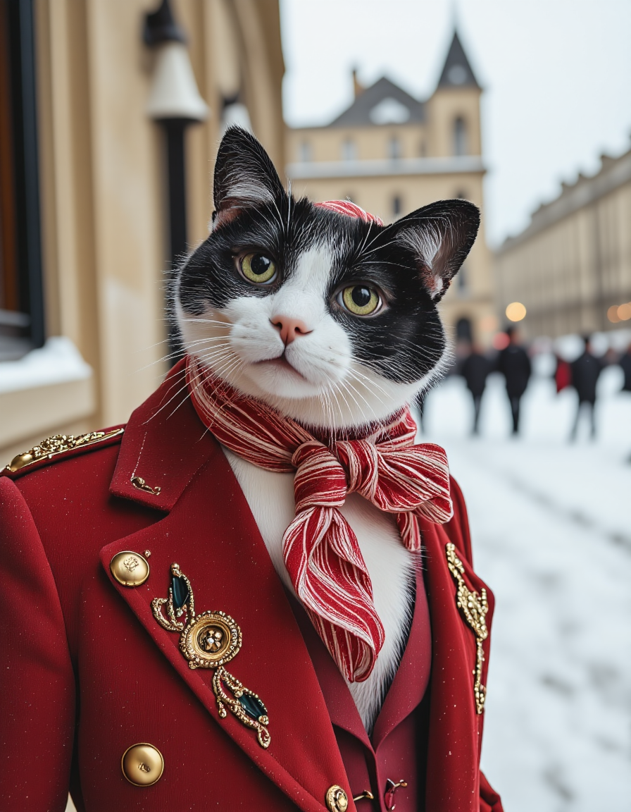 The image is a high-resolution photograph of Berkeley Cat, a black and white cat. He is standing in front of a snow-covered, historic building with ornate architectural details. The cat is dressed in a striking, richly detailed dapper velvet coat in a deep red color, a red and white pinstriped scarf, gold buttons, and intricate gold embroidery on the sleeves. He is wearing a crown with glittering gems in it. The cat has a funny, happy expression, with a slight tilt of its head and a direct gaze at the camera. <lora:Hyper-FLUX.1-dev-8steps-lora:0.15> <lora:ChristmasCouture:1> <lora:Berkeley_FLUX_3:1.5>