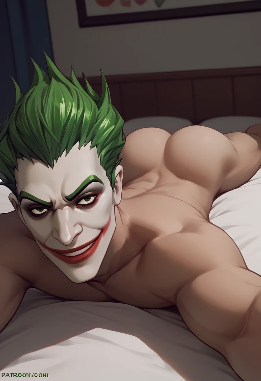 score_9_up, score_8_up, score_7_up, line art, solo, 1boy, fort_joker, facepaint, green hair, nude, Ass selfie, Arched back, large ass, lying on stomach, in bed, smile, happy,
