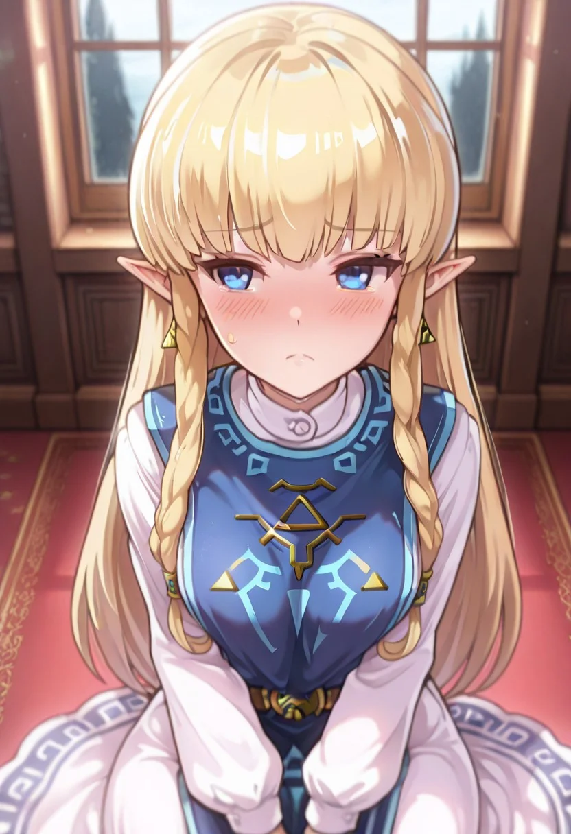 masterpiece, best quality, amazing quality, very aesthetic, 1girl, (depth of field), indoors, mansion,, furukawayui, blue eyes, blonde hair, long hair, twin braids, pointy ears, dress, blue tabard, triforce, earrings, beautiful, kawaii, blush, light frown, sitting, on floor, looking at window