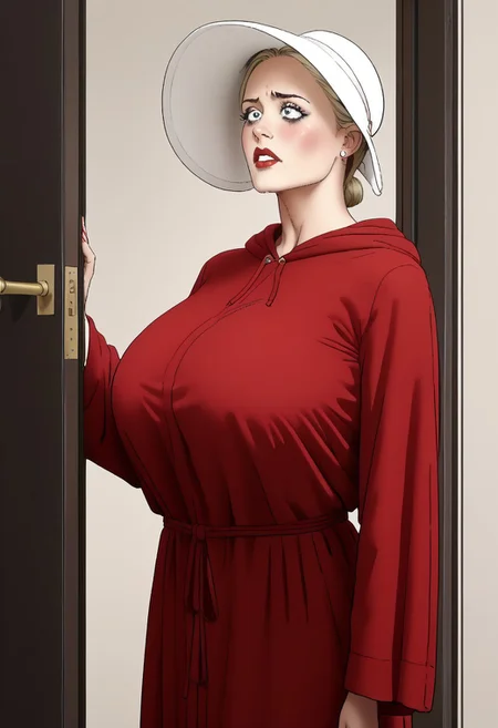 score_9, score_8_up, score_7_up, score_6_up, adult beautiful woman,   (chiaroscuro lighting) 
source_cartoon,   f3rn4nd0, (line art), 
 solo, 
face focus, 
 (1female),  coed 
H4NDM41D,red dress, hood, red_robe, hooded_robe, bonnet, white_headwear, 
(gigantic breasts), fully clothed, 
blond hair,
red lipstick, long eyelashes, slutty makeup,  mascara
((blushing)),  
shameful embarrassed, 
 biting her lip,  
(extremely thin), (skinny thin), (anorexic thin),
standing, in doorway,