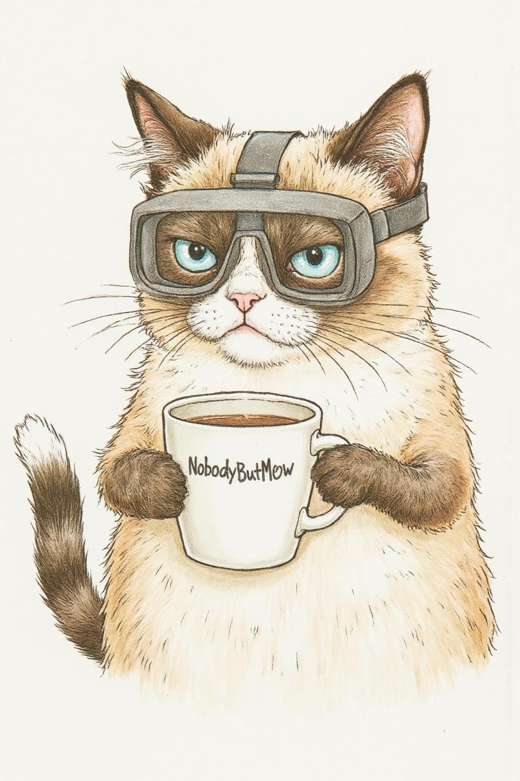 kategreenaway1 illustration. 
Grumpy Cat wearing a VR Headset, holding a coffee mug. The mug has the phrase "NobodyButMeow" printed <lora:kategreenaway1_f16e6:1.0><lora:870764561446247087:0>