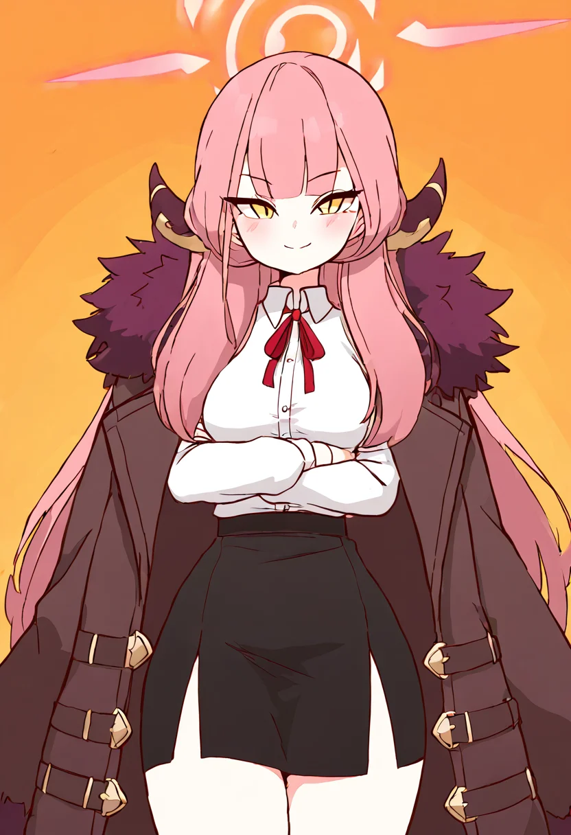 masterpiece, best quality, medium breasts, (curvy), zzAru, yellow eyes, pink hair, long hair, demon horns, halo, brown coat, white shirt, black skirt, red ribbon, fur-trimmed coat, , <lora:AruBlueArchive_NAI:1.0>,, smile, looking at viewer, cowboy shot, ,<lora:Diives_NAI:1.0>,