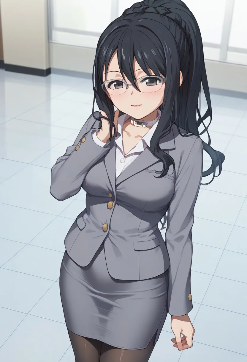 score_9, score_8_up, score_7_up, source_anime, 1girl, solo, aoi natsuki, black eyes, glasses, ponytail, grey jacket, pencil skirt, grey skirt, long sleeves, pantyhose, long skirt, indoors, white floor, tile floor, white collar, choker