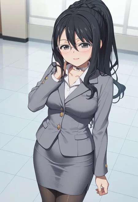 score_9, score_8_up, score_7_up, source_anime, 1girl, solo, aoi natsuki, black eyes, glasses, ponytail, grey jacket, pencil skirt, grey skirt, long sleeves, pantyhose, long skirt, indoors, white floor, tile floor, white collar, choker