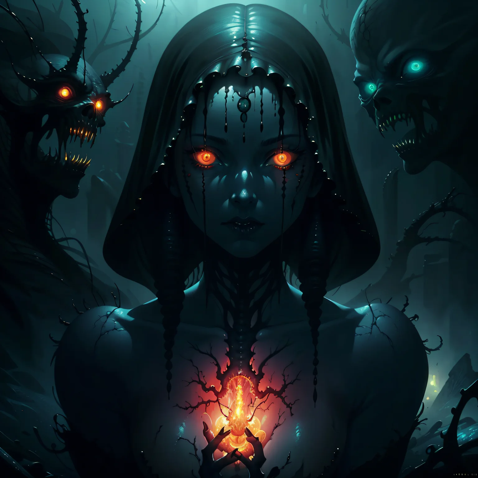 photorealistic, (hyperrealistic:1.2), beautiful, masterpiece, best quality, extremely detailed face, perfect lighting, DarkFantasy-700, (nsfw:1.2), dark, gothic, horror \(theme\), glowing, glowing eyes,