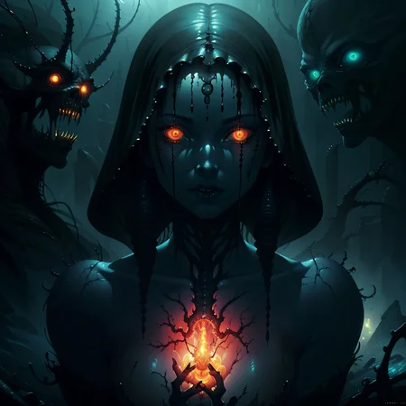 photorealistic, (hyperrealistic:1.2), beautiful, masterpiece, best quality, extremely detailed face, perfect lighting, DarkFantasy-700, (nsfw:1.2), dark, gothic, horror \(theme\), glowing, glowing eyes,