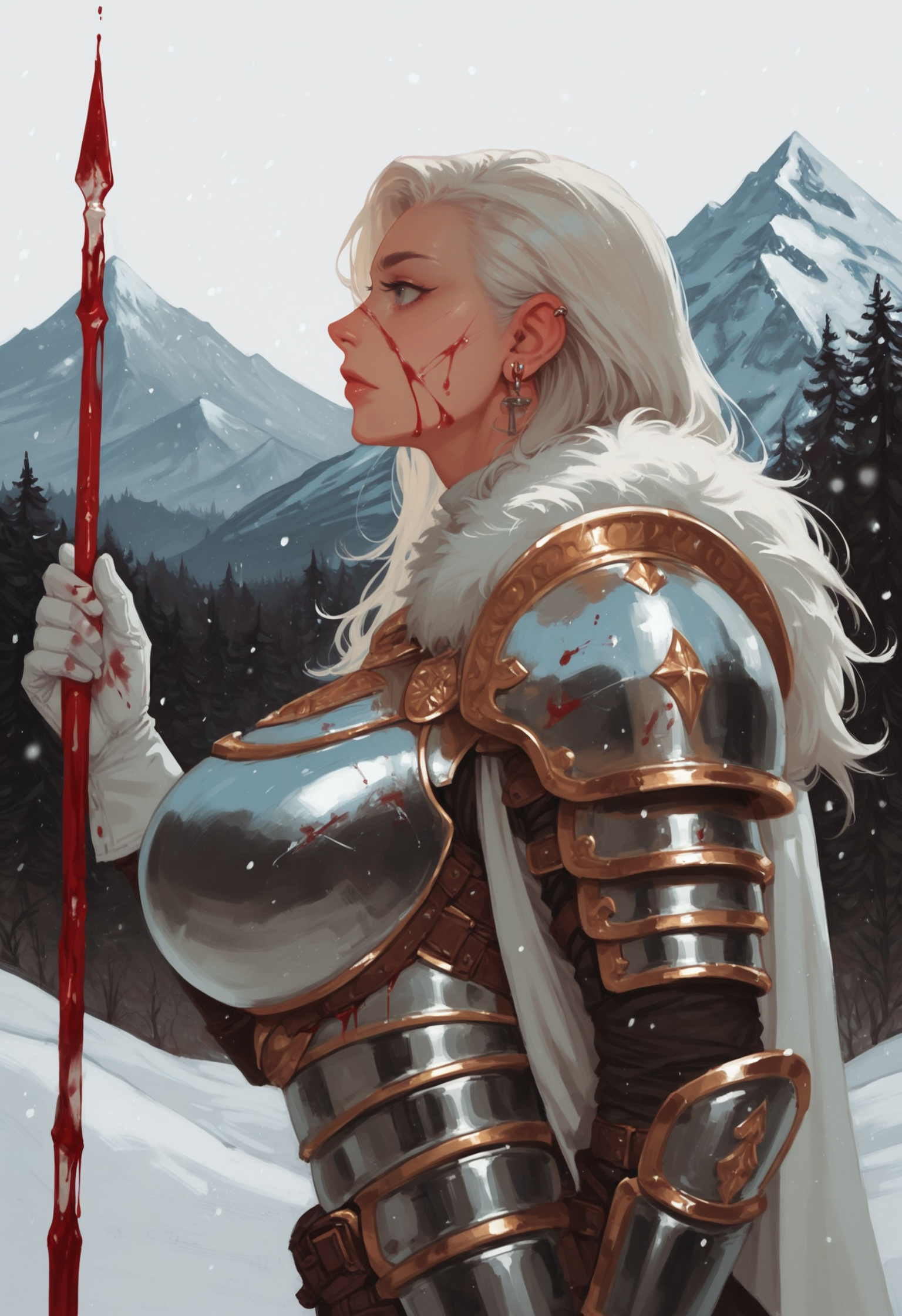 1girl, blood, armor, weapon, solo, blood on face, holding, spear, holding weapon, white hair, profile, holding sword, ear piercing, , gloves, from side, white gloves, piercing, , , jewelry, earrings, shoulder armor, grey eyes, closed mouth, blurry background, , blurry, artist name, lips, , breastplate, eyelashes, pauldrons, long hair, white theme, dripping, cuts, , snow, mountain, depth of field, huge breasts, snowing, fur trim, white cloak,, zPDXL3, detailxl,  Score_PnyReal, (lineless:1.5)