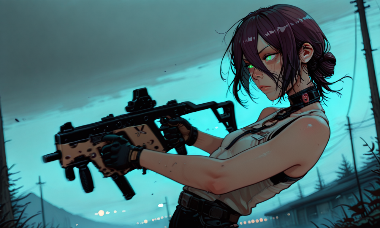 embedding:IllusP0s, s0larpunk, kriss vector, submachine gun, holding, reze, 1girl, solo, determined, dynamic pose, dynamic angle,<lora:s0larpunk.safetensors:1.0:1.0> <lora:kriss_vector_v2.safetensors:1:1>