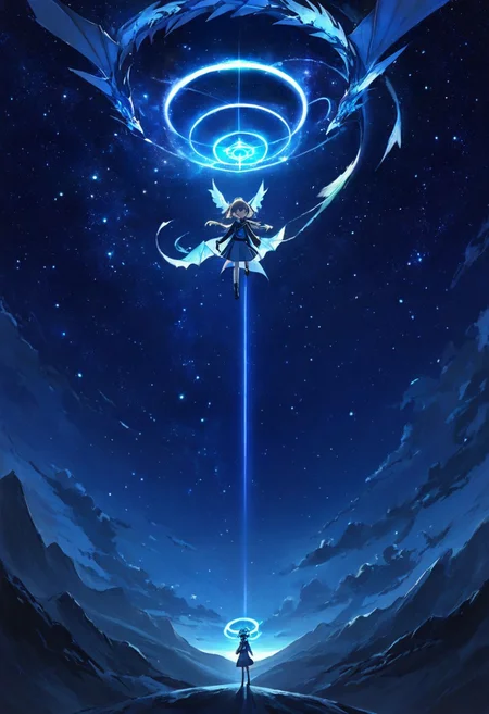 score_9, score_8_up, score_7_up, score_6_up, night, starry sky, petite girl, young girl, aged down, flying, looking at viewer, dragon wings, blue neon halo, SyFyEye1, full body