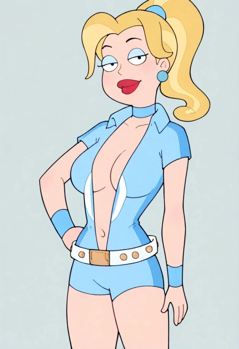 score_9, score_8_up, score_7_up, score_6_up, high quality, rounded eyes, half eyes, style parody, cartoon style, upper body,
Sexpun_TCome_Francine, 1girl, solo, blonde hair, ponytail, lightblue eyeshadow, black eyeliner, red lipstick, makeup, breasts, choker, cleavage, light blue wrist hoop, white belt with golden buttons, navel, bodysuit, light blue short jumpsuit, skin tight, exposed belly, plunging neckline, short sleeve, sexy stocking, light blue high heels, flat color, looking at viewer,hand on hip, cowboy shot,simple background,
masterpiece,best quality,amazing quality,very aesthetic,absurdres,newest