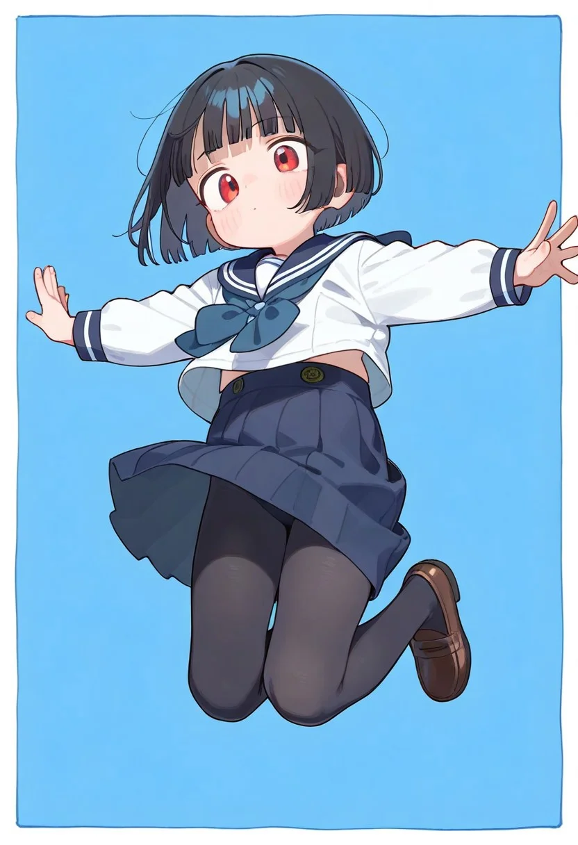 masterpiece, best quality, amazing quality, absurdres, newest,
1girl, solo, black hair, bobcut, red eyes, blunt bangs,  sailor's uniform, ((simple blue vertical background with thick white border)), popping out of background, full body, jumping, arms stretched, dynamic pose, matte black tights, thick black tights, loafers, 
[skinny upper body], translucent skin,
[[chubby thick legs]:0.7], bottom heavy,