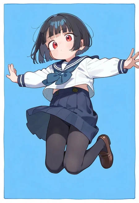 masterpiece, best quality, amazing quality, absurdres, newest,
1girl, solo, black hair, bobcut, red eyes, blunt bangs,  sailor's uniform, ((simple blue vertical background with thick white border)), popping out of background, full body, jumping, arms stretched, dynamic pose, matte black tights, thick black tights, loafers, 
[skinny upper body], translucent skin,
[[chubby thick legs]:0.7], bottom heavy,