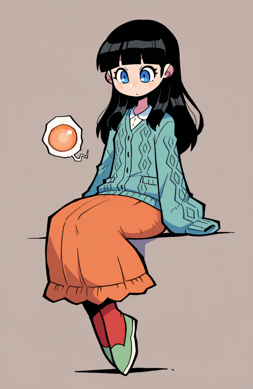1girl, solo, <lora:rariatoo:1> rariatto,
<lora:Aili-DQX:0.6> aili \(dqx\), blue eyes, black hair, blunt bangs, long hair, aqua knit cardigan, sleeves past fingers, long sleeves, orange bubble skirt, red pantyhose, green flats, sitting, one leg over other, gentle neutral look, calm posture, steady gaze, extremely detailed, highres, masterpiece, best quality