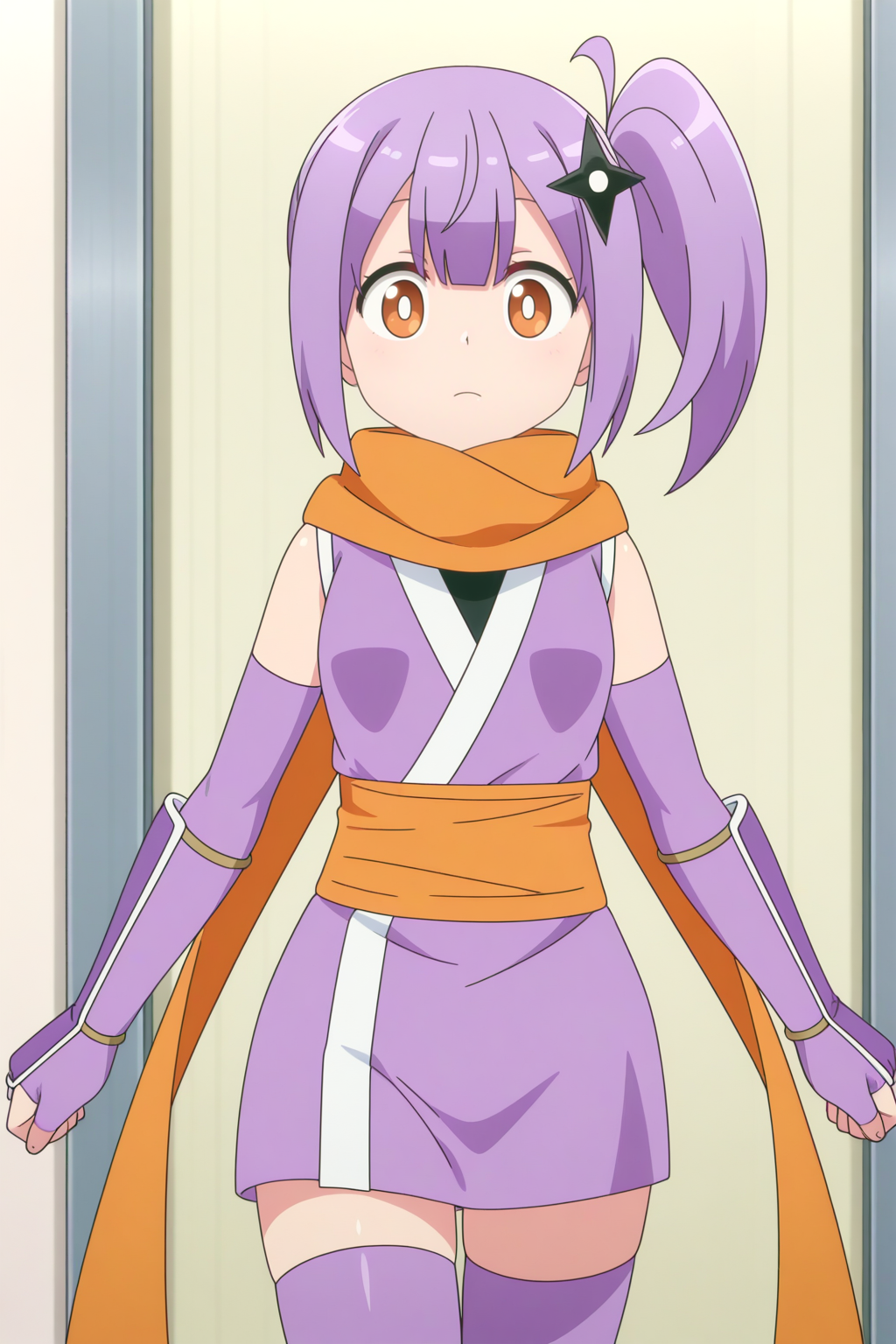 anime coloring, newest, masterpiece, Satoko Kusagakure, purple kimono, sleeveless kimono, kunai, orange scarf, ninja, zettai ryouiki, purple thighhighs, purple elbow gloves,  <lora:Ninja_to_Koroshiya_no_Futarigurashi_-_Satoko_Kusagakure-_-illustrious:0.8>