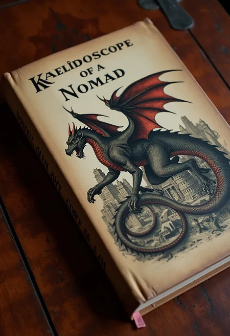 An antique book lies in close-up on the lacquered tabletop. The cover of the book depicts a huge dragon with four paws, wings and red and black scales. He wraps his body around a huge ancient and ruined city. The book is called "Kaleidoscope of a Nomad".
(Text on book "Kaleidoscope of a Nomad":2.2)