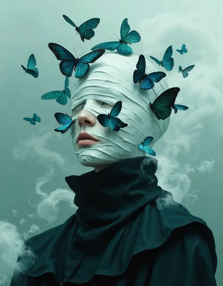 Composition and Focal Points:
Central Figure: A solitary, human-like figure occupies the center of the composition. The head is fully wrapped in white bandages, obscuring all facial features except the lips and the faint contour of the nose.

Butterflies: Dozens of dark blue and black butterflies are positioned on and around the figure’s head and face. Some are perched gently on the bandages, while others flutter in mid-air, creating a circular sense of motion and a surreal visual halo effect.

Lower Half Composition: The figure is dressed in a high-neck black garment, blending into a foreground of swirling dark fog or smoke, which further obscures the lower body. This adds to the mystery and abstraction of the scene.

Artistic Style:
Style: Surrealistic and atmospheric, with a high degree of photorealism in the textures of the skin, fabric, butterflies, and mist. The stylized composition leans toward conceptual art and fantasy portraiture.

Influence: Reminiscent of Gothic visual aesthetics with influences from dark fantasy photography. There's a cinematic quality to the lighting and color grading.

Color Palette:
Primary Tones: The image uses a monochromatic cold cyan-green wash across most elements, contributing to a chilling, dreamlike effect.

Contrasts:

White Bandages: Bright but muted due to lighting—act as the brightest part of the composition, drawing the viewer’s focus immediately.

Dark Outfit & Fog: The lower portion is almost entirely black, providing visual grounding and contrast.

Butterflies: Deep teal to black, with subtle iridescence that stands out against both the bandages and the background fog.

Lighting and Tonal Qualities:
Lighting: Diffuse, overcast lighting—possibly mimicking natural twilight or indoor ambient light. No harsh shadows or defined light source, creating a soft, ethereal ambiance.

Tonal Range: Low contrast overall, except where the butterflies and bandages pop against the gloomier tones. Smooth gradient transitions in fog and shadows preserve the mood of dreamlike ambiguity.

Highlights: Subtle highlights on the bandages and butterfly wings give just enough dimensionality to avoid visual flatness.

Textures and Patterns:
Bandages: The texture is clean and finely detailed, with tight wrapping patterns that emphasize facial form while obscuring identity.

Butterflies: Wings show delicate vein textures and natural symmetry; their crisp detailing contrasts with the otherwise blurred or soft-focused background.

Garment and Fog: The fabric of the figure’s clothing has a slight sheen, adding to the tactile realism, while the surrounding fog is soft, billowy, and semi-transparent—creating a mystical frame around the torso.

Mood and Atmosphere:
Emotional Tone: Somber, mysterious, and introspective. The lack of visible eyes and the closed mouth suggest silence, repression, or blindness—perhaps even mourning or secrecy.

Symbolism:

Butterflies: Traditionally symbols of transformation, rebirth, or the soul. Their placement over the figure's face and in midair suggests thoughts, memories, or a psychological metamorphosis.

Bandages: Often linked to injury or concealment; here, they obscure identity, possibly suggesting emotional trauma, protection, or anonymity.

Fog: A metaphor for confusion, forgotten memories, or the unknown—enhancing the dreamlike, eerie atmosphere.

Surrealism: The whole scene feels suspended in a timeless, placeless void—detached from reality and heavy with metaphoric weight.