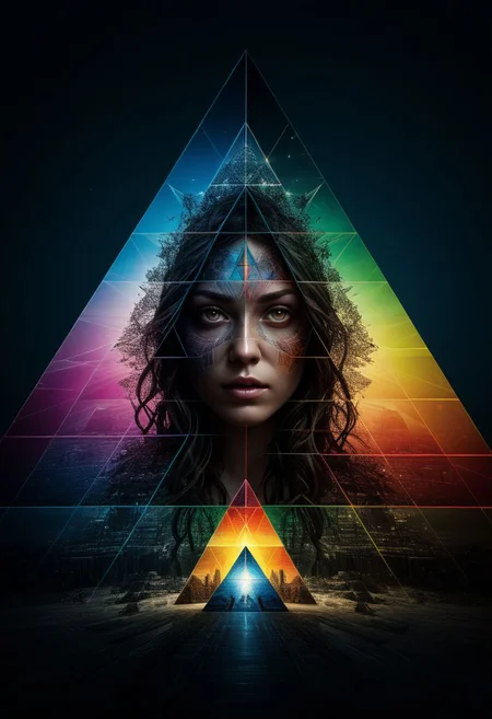 Close-up, album cover, mysterious silhouette woman, (light ray shining on pyramid prism splitting in rainbow colours, dark side of the moon), goddess, alluring, by Minjae Lee, Carne Griffiths, Emily Kell, Steve McCurry, Geoffroy Thoorens, Aaron Horkey, Jordan Grimmer, Greg Rutkowski, amazing depth, double exposure, surreal, geometric patterns, intricately detailed, bokeh, perfect balanced, deep fine borders, artistic photorealism , smooth, great masterwork by head of prompt engineering <lora:add-detail-xl:2> <lora:Double_Exposure:0.5>
