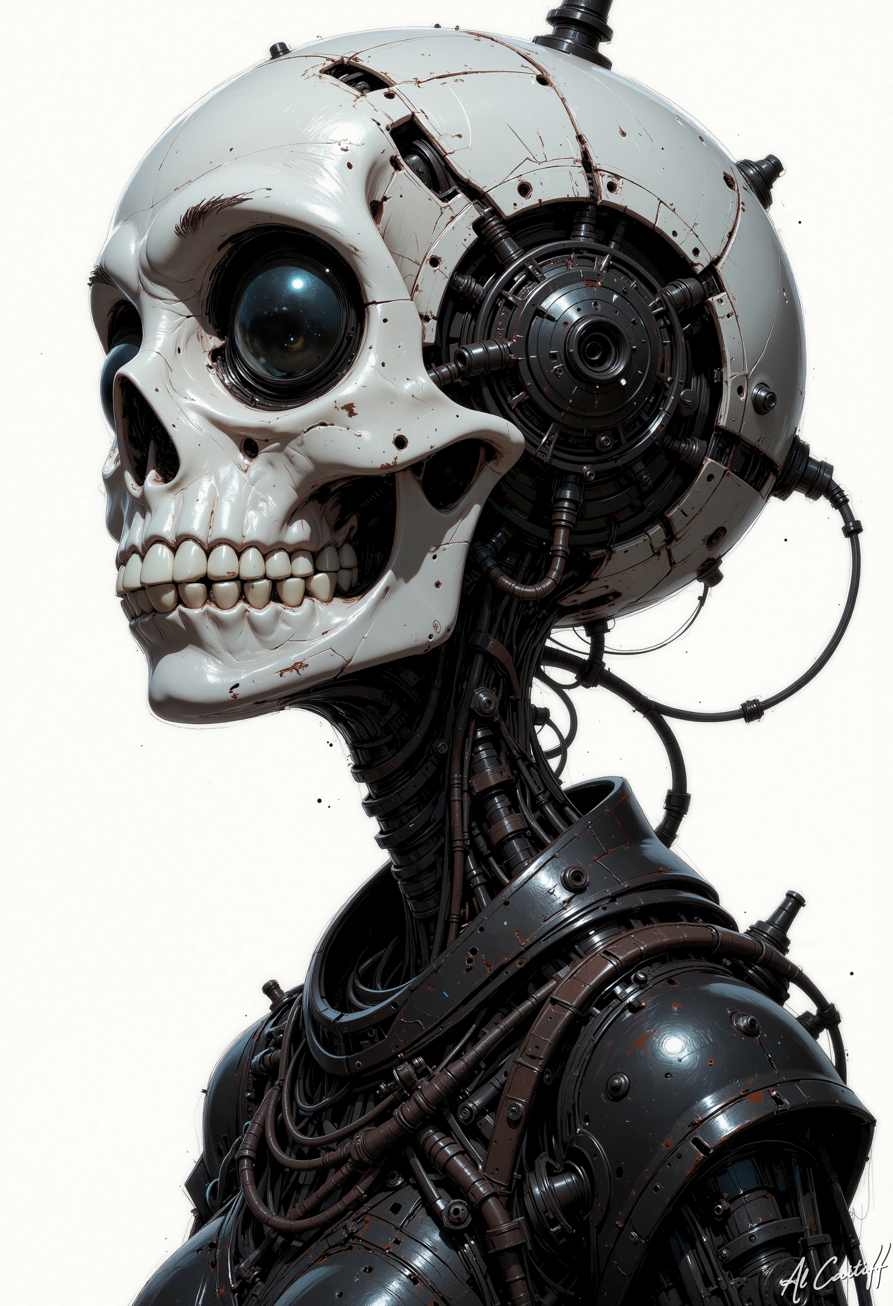 Low-angle shot, 35mm prime lens with minimal distortion, no motion blur, deep f/1.4 depth of field. Black-and-white image with stark contrast. A skeletal figure with mechanical components, resembling a cyborg, occupies the frame. The subject's head is a skull with a large, hollow eye socket, and the neck is exposed, revealing intricate mechanical parts. The figure's skin is a mix of bone and metal, with wires and gears visible. The background is a plain white, emphasizing the subject. The style is gritty and industrial, with a focus on the interplay between organic and mechanical elements., MysticComic, comic book style, Niji Stan Katayama Style, CreeepyCuteMagic<lora:Flux/Niji_B_anime.safetensors:0.5:0.5> <lora:CustomFlux/MysticComic.safetensors:0.5000000000000001:0.5000000000000001> <lora:Flux/creeepycutemagic-000012 - version ER.safetensors:0.5000000000000001:0.5000000000000001>