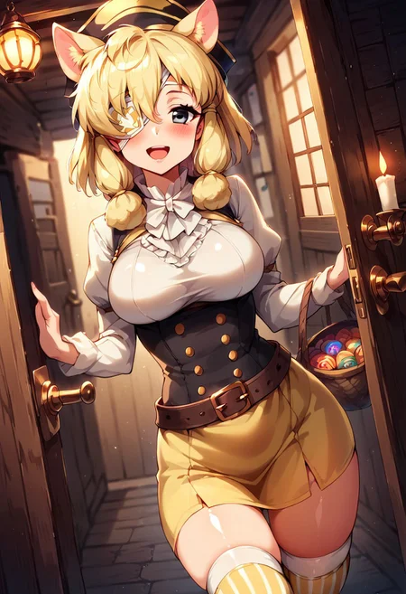 1girl, ((solo)), best quality, ultra-detailed, extremely detailed, perfect anatomy, masterpiece, score_9, score_8_up, score_7_up, Expressiveh, alpaca suri (kemono friends), alpaca ears, hair over one eye, bangs, blonde hair, grey eyes, sidelocks, hair tubes, hair bun, tail, short hair, horizontal pupils, outdoors, neighborhood, trick-or-treating, pumpkins, candles, halloween, trick-or-treater, holding halloween basket, candy basket, front_door, open door, standing at the front door, viewer pov, pirate, light-yellow pirate hat, (pirate hat:1.1), light-yellow pirate outfit, light-yellow blouse, light-yellow skirt with trim, light-yellow thighhighs, thighhighs, striped thighhighs, striped gloves, thigh squish, fully clothed, pirate gloves, pirate boots, belt, accessories, white trimmed sleeves, white trim, curvy, medium breasts, blushing, looking at viewer, soft blush, open mouth smile, cute look, closeup, fur trim thighhighs, (dutch angle:1.1), depth-of-field, ears sticking out of hat, thobrine, shiny skin, yellow eyepatch, (eyepatch:1.1), pirate_eyepatch,