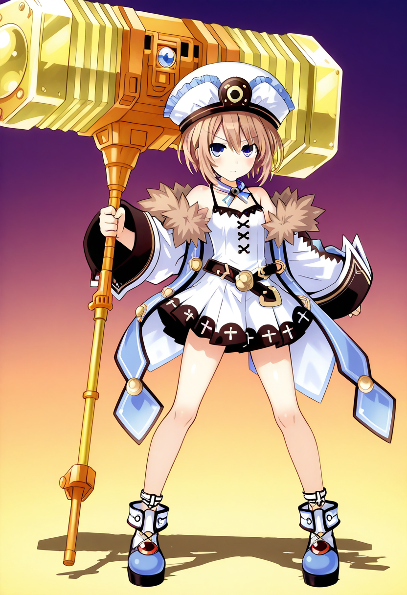 masterpiece,best quality,amazing quality,very aesthetic,absurdres,newest, gorudionhammer, hammer, holding hammer, huge weapon, blanc (neptunia), blue eyes, blush, brown hair, short hair, tsunako, bare shoulders, belt, fur trim, fur-trimmed coat, brooch, cross-laced clothes, frills, frilled hat, open clothes, open jacket, jacket, jewelry, loose belt, neck ribbon, off shoulder, coat, white dress, serious, angry, standing, full body, dynamic pose,