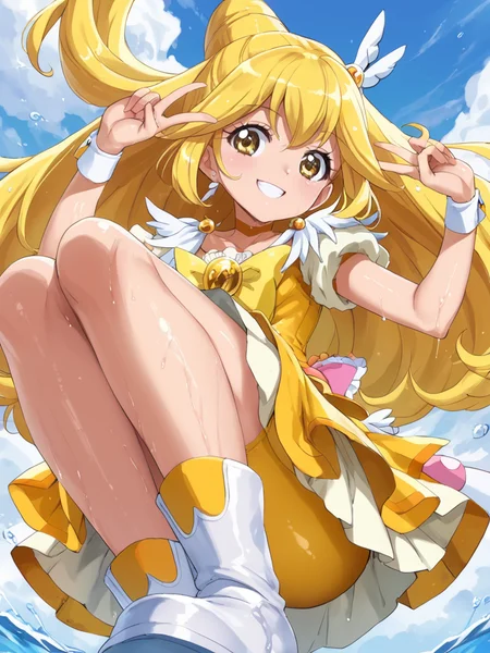 score_9,score_8_up,score_7_up,score_6_up,
curepeace, shiny, shiny skin, wet, wet skin, v, wing hair ornament, wrist cuffs, yellow bike shorts, shorts under skirt, white boots, smile,
<lora:Pony_DetailV2.0:0.75> <lora:curepeace.pony:0.75>