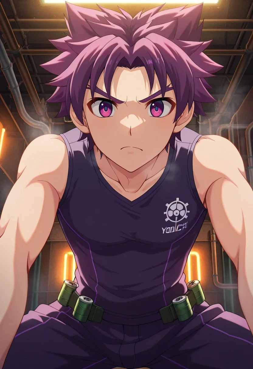 masterpiece, best quality, intricate details, anime screencap, anime coloring, , looking at viewer, , 1boy, solo, male focus, <lora:yoichi_yukimura_ilxl:1>, yoichi_yukimura, purple hair, purple eyes, short hair, spiked hair, , steam factory, gear wheels, pipe networks, pressure gauges, working pose, concentrated expression, industrial lighting,