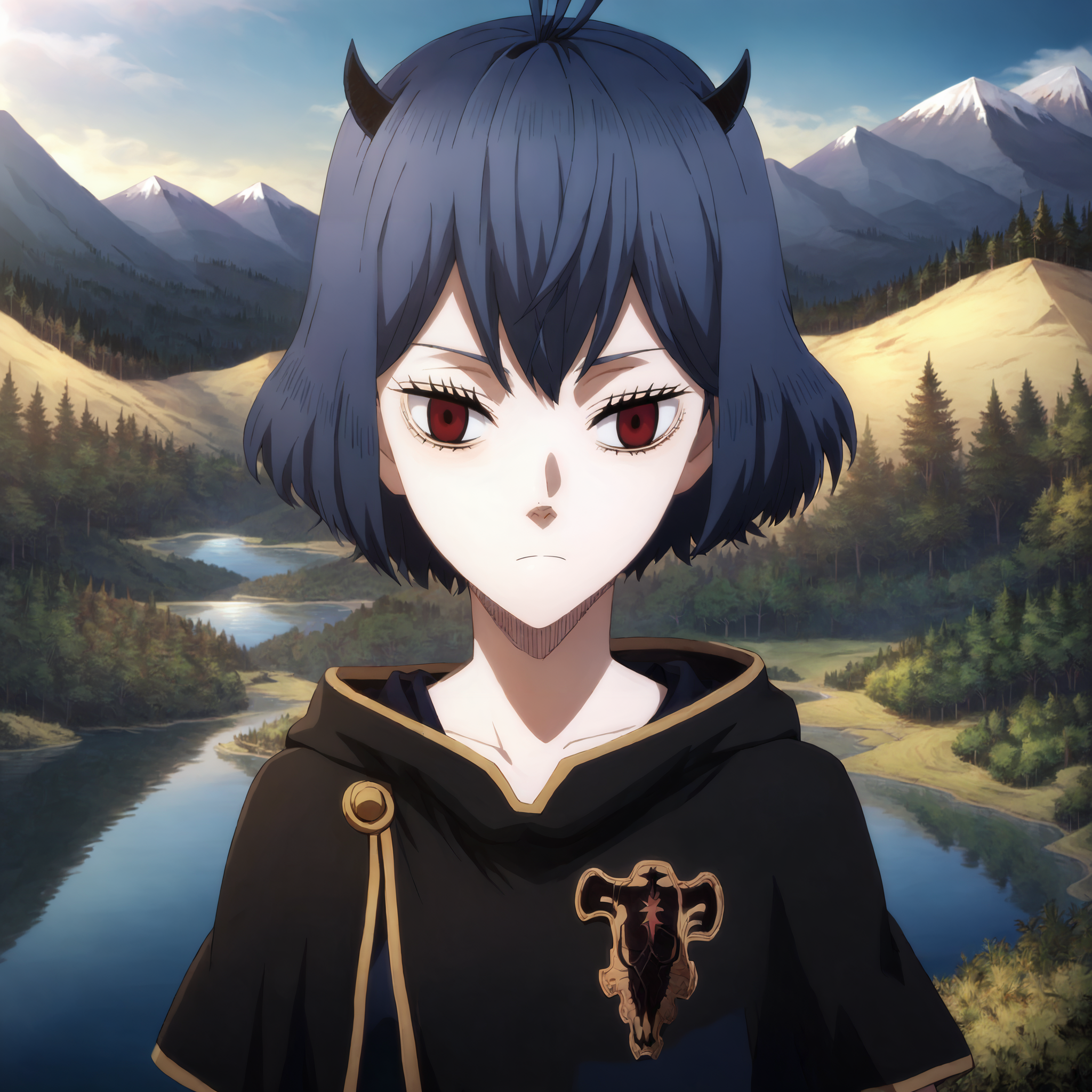 highres, sharp focus, pixiv masterpiece, highly detailed, 1girl, small_breasts,  nero-dress, Secre_Swallowtail_XL, source_anime, score_8_up, score_7_up, score_9,   <lora:Secre_Swallowtail_PonyXL_v19-000001:1> , eyelashes,  looking at viewer, headshot, forest, mountain, lake, from above, blackbull-cape