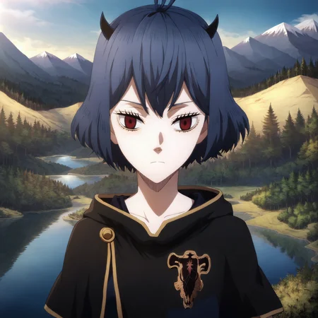 highres, sharp focus, pixiv masterpiece, highly detailed, 1girl, small_breasts, nero-dress, Secre_Swallowtail_XL, source_anime, score_8_up, score_7_up, score_9, <lora:Secre_Swallowtail_PonyXL_v19-000001:1> , eyelashes, looking at viewer, headshot, forest, mountain, lake, from above, blackbull-cape
