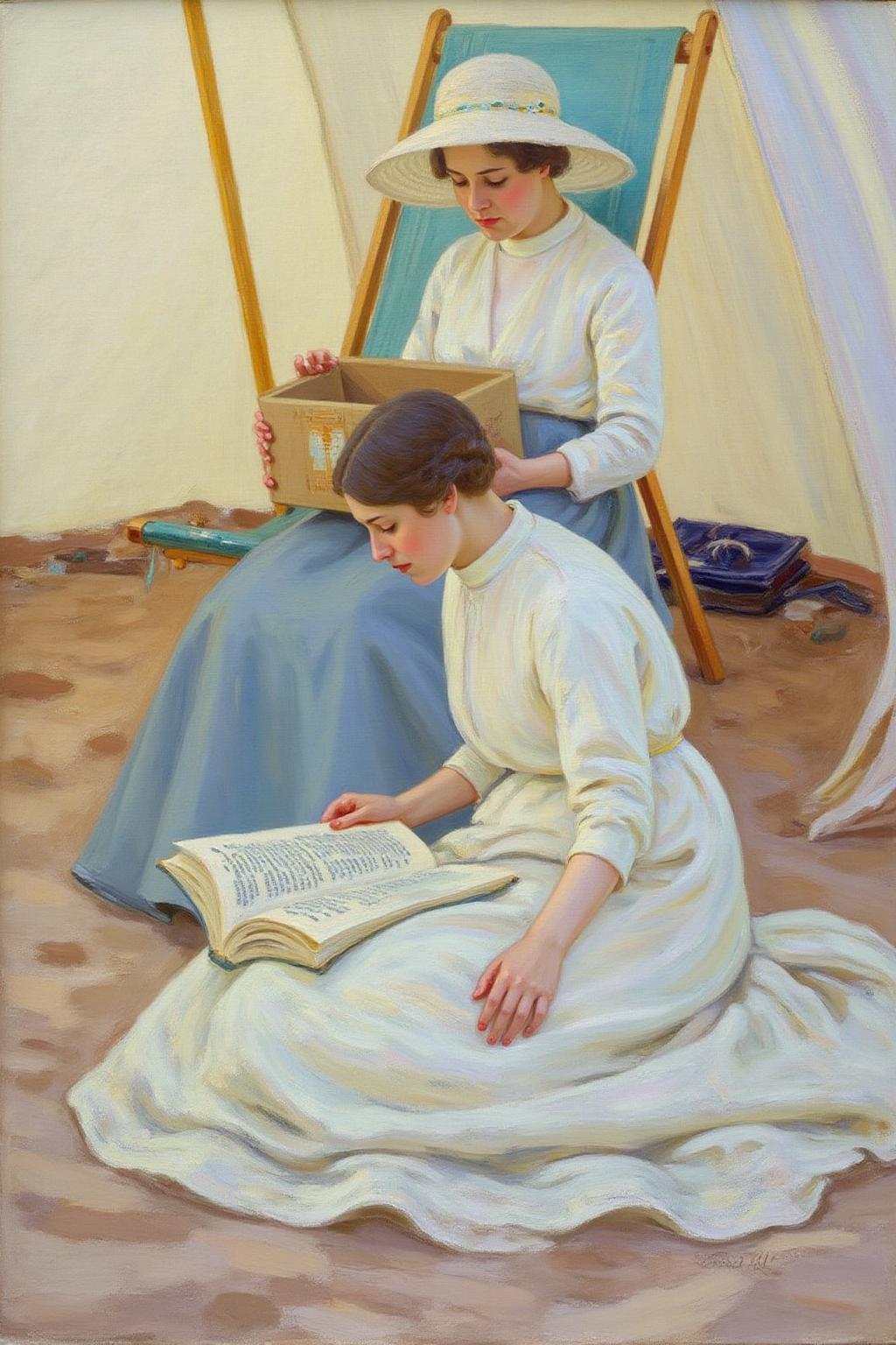 helenmcnicoll2 painting.
Two women engaged in leisurely activities on a sandy beach. There is a woman sitting on the ground. She is dressed in a white, long-sleeved dress with a high neck, typical of late 19th-century fashion. She is bent over a large, open book, engrossed in reading. Behind her sits a woman wearing blue skirt and a white, wide brim hat. She holds an open box on her lap.  <lora:helenmcnicoll2_cap_d6a3:1.0><lora:838467230955127983:0>