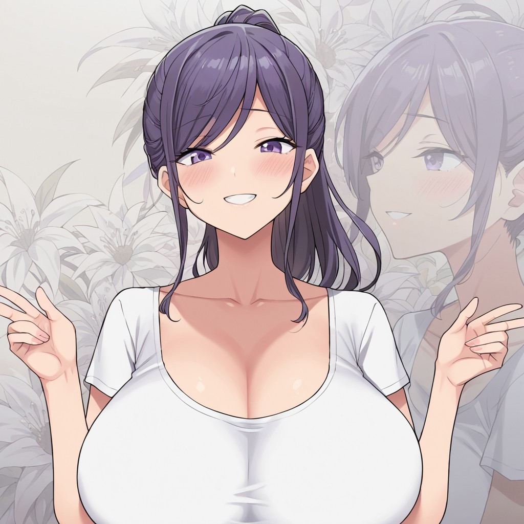 safe_pos, score_9, score_8_up, score_7_up,anime_source, yukie, purple hair, purple eyes, source_anime, best background, detailed background, anime screencap, ponytail, huge breasts, smiling