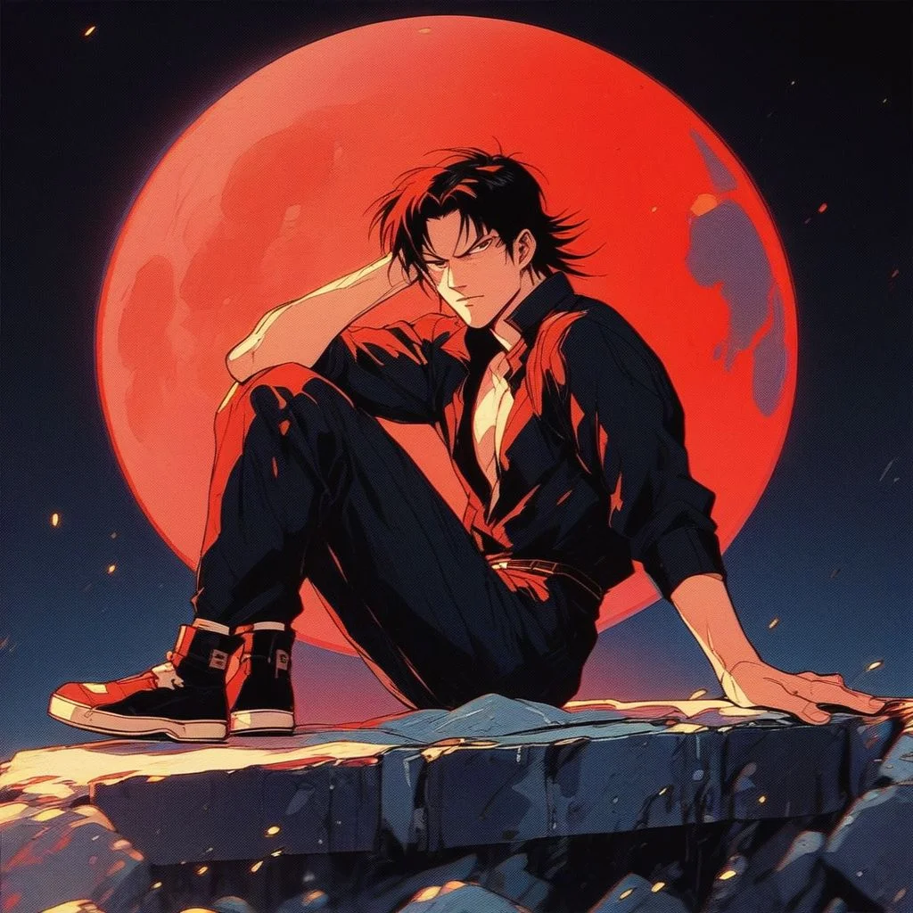 score_9, score_8_up, score_7_up, score_6_up, score_5_up, score_4_up, source_anime, rating_questionable, Madara Uchiha holding katana and sitting on stone casually looking arrogant evil smirk under red moon, full body, 1 boy, male focus, solo, uchiha madara, full moon, knva, halftone effect, retro artstyle, an14, zPDXL