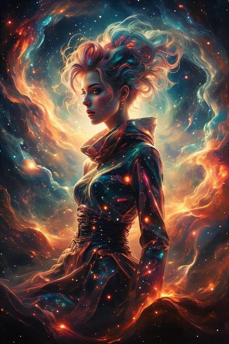 in ARTIST style, masterpiece, female sentient cloud being, wispy form composed of swirling stardust and nebula gas, attire a symphony of celestial bodies galaxies draped like scarves, comets as sashes, rendered in a cosmic abstract style with swirling brushstrokes, wearing unique Avant-garde masterpiece attire and headdress, bathed in the diffused glow of a neutron star, set against the backdrop of a colliding galaxies fiery tendrils of energy weaving between them, Background is Deep space with a churning vortex of color and light, hyperdetailed, intricate details, Refined details, best quality, highly detailed textures, very stylish detailed modern haircut, mesmerizing detailed radiant face, mesmerizing detailed beautiful eyes, (red hybrid orange) neon light,scifi,
<lora:Space-flux:0.8> noc-space,
<lora:aidmaGLOWV4wc:0.6> aidmaGlow,
<lora:edgy_fashionista_flux_ntc_v2:0.5>,
<lora:bokeh_flux_ntc:0.5>,
<lora:Dever_Flux_Enhancer:0.5>
<lora:Midjourney_-_SemiReal_Dreams_FLUX_LoRA:0.6>