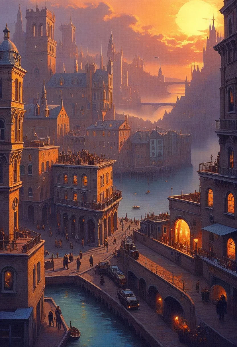 Fantasy art, very wide angle shot, Painting, Detailed , Deviant-art, contest winner, concept-art, , tim hildebrandt, fantasy, ((((Steampunk City)))) , , during night , , dreamlike realism, art  stations ,, The style of Adrianous Everson ,Not aesthetic architecture, cinematic Film still from,greg rutkovsky, Create reminiscent of《Inception》The scenery of the movie, Reality becomes a labyrinth of ever-changing architecture and anti-gravity landscapes. Embrace the surreal and inexplicable nature of the concept, Create scenes that challenge perception. Use intricate details and dynamic design，Immerse the audience in a world where the laws of physics are rewritten. Depicted《Inception》The sense of awe and disorientation evoked by the film.