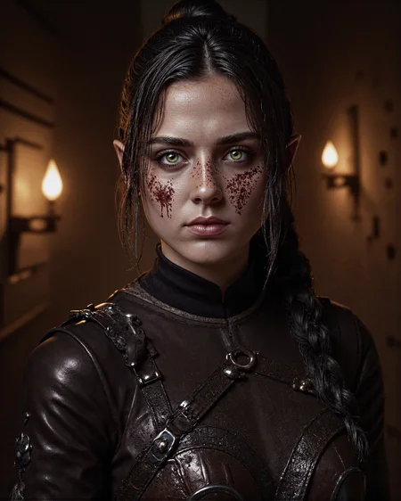 A highly detailed portrait of Sh4d0wh34rt, her expression intense and commanding. Her face is marked with streaks of blood, some dripping onto her neck, adding to her battle-hardened and ruthless appearance. She is wearing dark, weathered leather armor that shows signs of wear and dirt from countless encounters.
The background is a dimly lit stone corridor, its walls rough and ancient, evoking the atmosphere of a dungeon or a fortress. Flickering torches mounted on the walls cast a faint, uneven light, creating dramatic shadows across her sharp features and the textured surfaces of her armor. The composition is intimate, capturing every detail of her face, from the smudges of dirt and blood to the cold intensity of her gaze. The lighting emphasizes the contrast between her dark armor and the warm glow of the torches, enhancing the mood of the scene.
The image is shot using a high-end DSLR or mirrorless camera, such as a Canon EOS R5 or Nikon Z8, with a 50mm f/1.2 lens for shallow depth of field. The focus is razor-sharp on her face, with a soft bokeh effect blurring the background, drawing the viewer’s attention to her haunting and powerful presence.