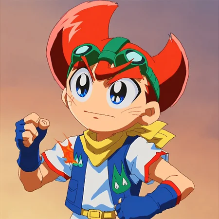 1boy, yamato delgado, solo, googles, red hair, blue eyes, white shirt, blue vest, fingerless gloves