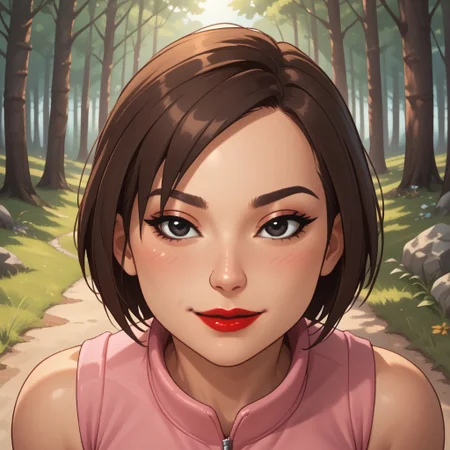 score_9, score_8, BREAK, solo, mii, wii u, wii sports club, 1girl, female mii, cute, brown hair, short ponytail, black eyes, makeup, blush, black purple eyeshadow, red lips, lipstick, pink clothing, white pants, sandals, breasts, Se-Young_(\Wii_Sports_Club\), Nintendo Mii, modern_mii, classic_mii, sexy pose, self portrait, smile, outdoors, sunlight, shadows, evening lighting, natural lighting, forest, trees, grass, orange sky, sunset