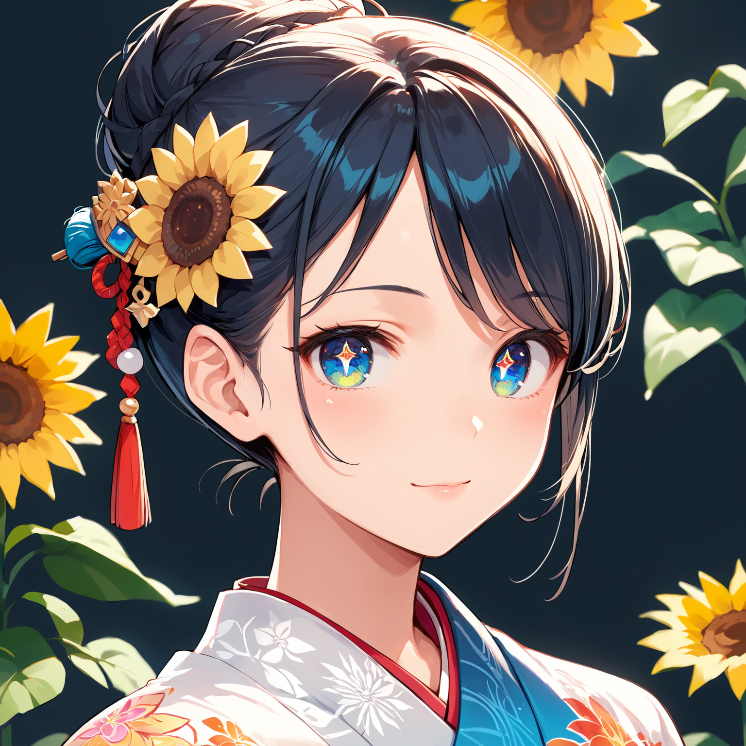score_9, score_8_up, score_7_up,source_anime, high res image,masterpiece,best quality,girl,cute face,clear skin,shiny hair,ultra detailed eyes,simple background,  <lora:kanzashi_pony_V1.0:0.3> kanzashi, hair ornament, hair bun,kimono,sunflower