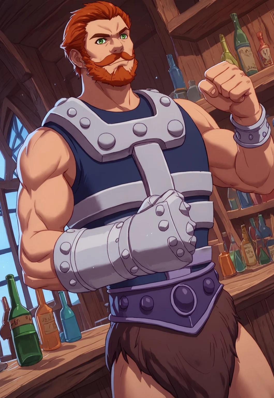 score_9, score_8_up, FHRevelati0n, short hair, redhead, green eyes, beard, mustache, muscular, sleeveless blue top, armor, dark-purple metal belt, gauntlet, wristband, raising fist, brown fur loincloth, looking at viewer, smile, dynamic pose, detailed background, dutch angle, sci-fi, bar, window, bottles, upper body, cowboy shot,
