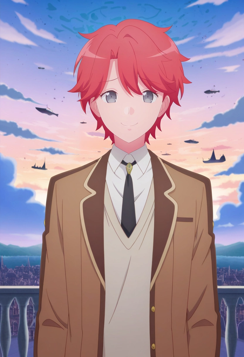 masterpiece, best quality, , anime screencap, , ,, 1boy, solo, male focus, <lora:sirius_dieke_ilxl:0.9>, sirius_dieke, red hair, grey eyes, short hair, brown jacket, black necktie, school uniform, white shirt, collared shirt, floating bazaar, sky boats, merchant stalls, cloud paths, haggling pose, friendly expression, morning,
