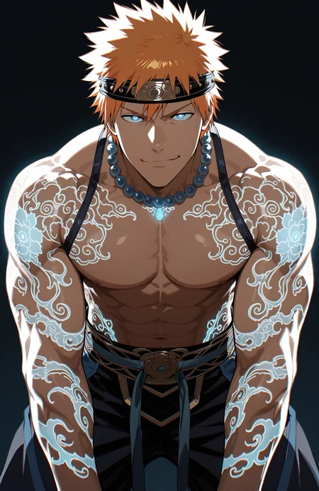 (kurosaki ichigo), 
liukang_body,
muscular male,
looking at viewer, smug, 
martial arts,
cowboy shot,
dynamic angle,
facing viewer, hunched over, leaning forward
simple background,
anime style, anime coloring,
detailed, light, dark, glowing tattoo, color contrast,
masterpiece, best quality, amazing quality, very aesthetic, absurdres, newest, very awa,
<lora:[Char - IL] Mortal Kombat - Liu Kang [Fire God ] (R1E07):0.8>
