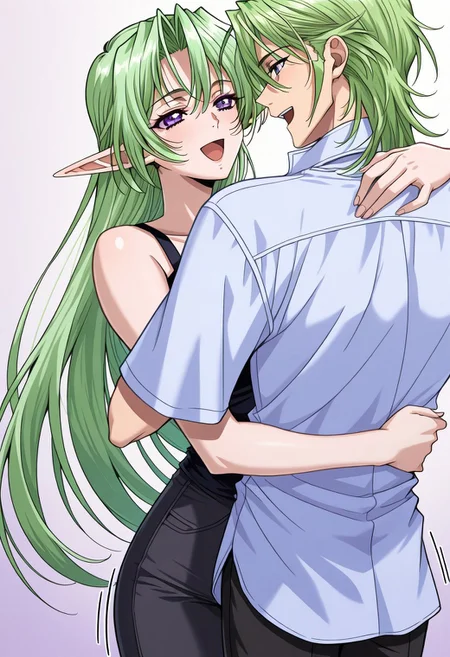 masterpiece, best quality, newest, highres, uncensored, 1girl, yokota mamoru style,1girl, slender face，motion lines, ,Kamyu,Green hair, Waist Length hair,long hair,Violet Eyes,Pointed Ears,elf， 1girl, hug, 1boy, long hair, open eyes, happy, open mouth, hetero,jewelry,girl wearing a black lingeries and white pants