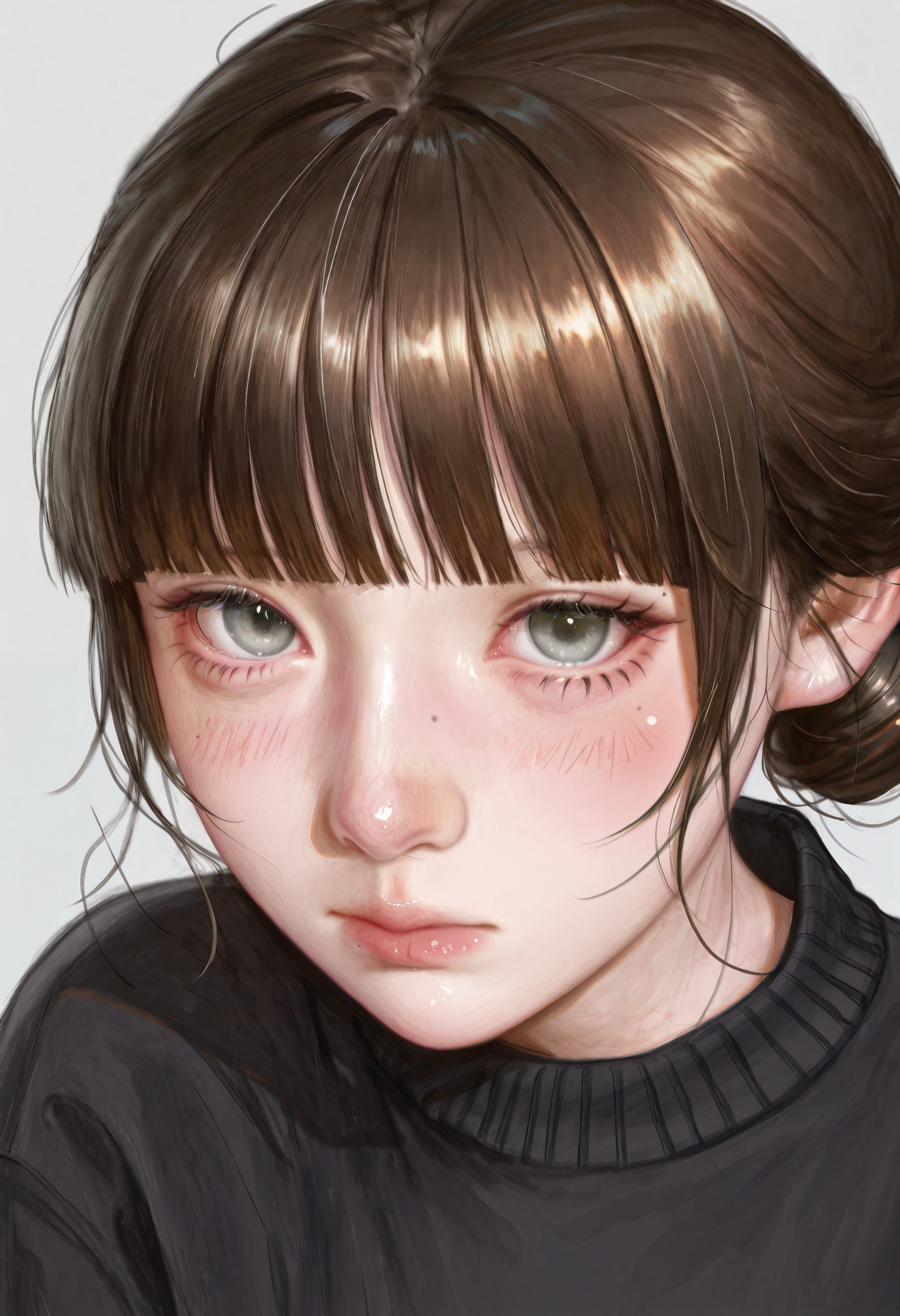 <lora:5p257uY55m95pyI5YWJ-illustriousXL_v01_V4-CAME-000035>, 5p2/57, realistic, 1girl, solo, portrait, mole under eye, looking at viewer, mole, grey background, hair bun, grey eyes, single hair bun, simple background, brown hair, closed mouth, blush, black shirt, black sweater, shirt, blunt bangs, close-up, sketch, sweater