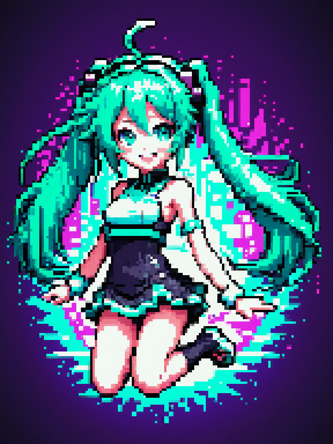 1girl, yamer_pixel_fusion, pixel_art, light_smile, medium_breasts, chibi, jumping, hatsune miku, vaporwave, <lora:Pixel_Fusion_LORA:1>