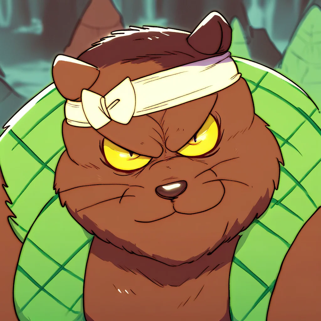 score_9, score_8_up, score_8, furry, Dansaburo, tanuki, brown fur, yellow sclera, headband, cartoon style, 2d, overweight male, solo, green vest, face close up, looking at viewer, smug expression, outside, forest
