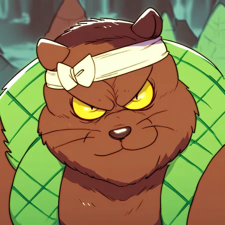score_9, score_8_up, score_8, furry, Dansaburo, tanuki, brown fur, yellow sclera, headband, cartoon style, 2d, overweight male, solo, green vest, face close up, looking at viewer, smug expression, outside, forest