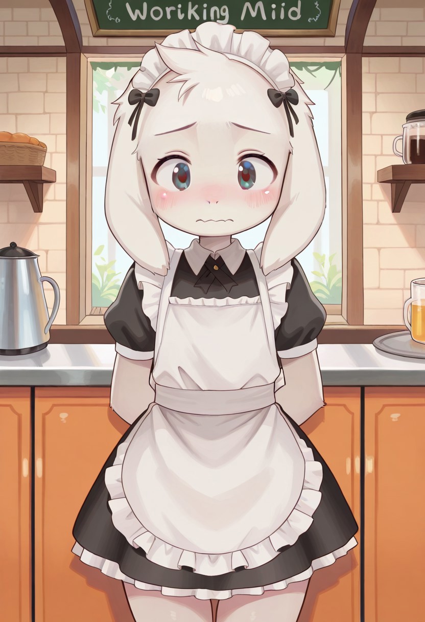 solo, 1boy, asriel_undertale, furry, furry male, animal ears, BREAK maid oufit, black dress, miniskirt, small apron, maid headwear, BREAK indoors, maid cafe, beautiful, portrait, working, embarrased, blush, BREAK ((ultra-detailed)), ((best quality)), ((beautiful eyes)), ((extremely detailed)), 4K, (8K), best quality, (beautiful), Master piece, highres, best quality, official art, highres, masterpiece, detailed background, high quality background,
