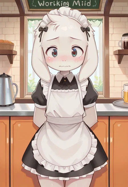 solo, 1boy, asriel_undertale, furry, furry male, animal ears, BREAK maid oufit, black dress, miniskirt, small apron, maid headwear, BREAK indoors, maid cafe, beautiful, portrait, working, embarrased, blush, BREAK ((ultra-detailed)), ((best quality)), ((beautiful eyes)), ((extremely detailed)), 4K, (8K), best quality, (beautiful), Master piece, highres, best quality, official art, highres, masterpiece, detailed background, high quality background,